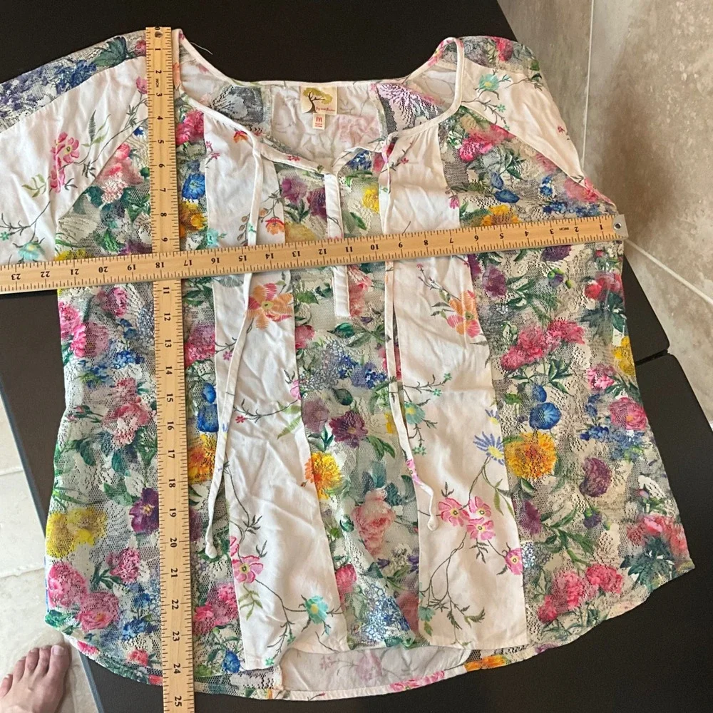 Fig and Flower Floral Lace Patchwork Tie Neck‎ Blouse Top Women Med Cottage Core - Picture 7 of 7